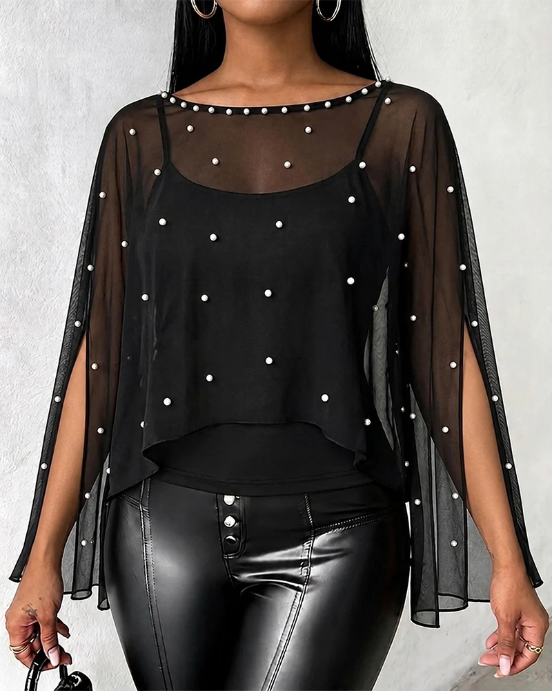 Women's 2 Piece Set Split Sleeve Pearl Sheer Chiffon Cape Top with Cami Top