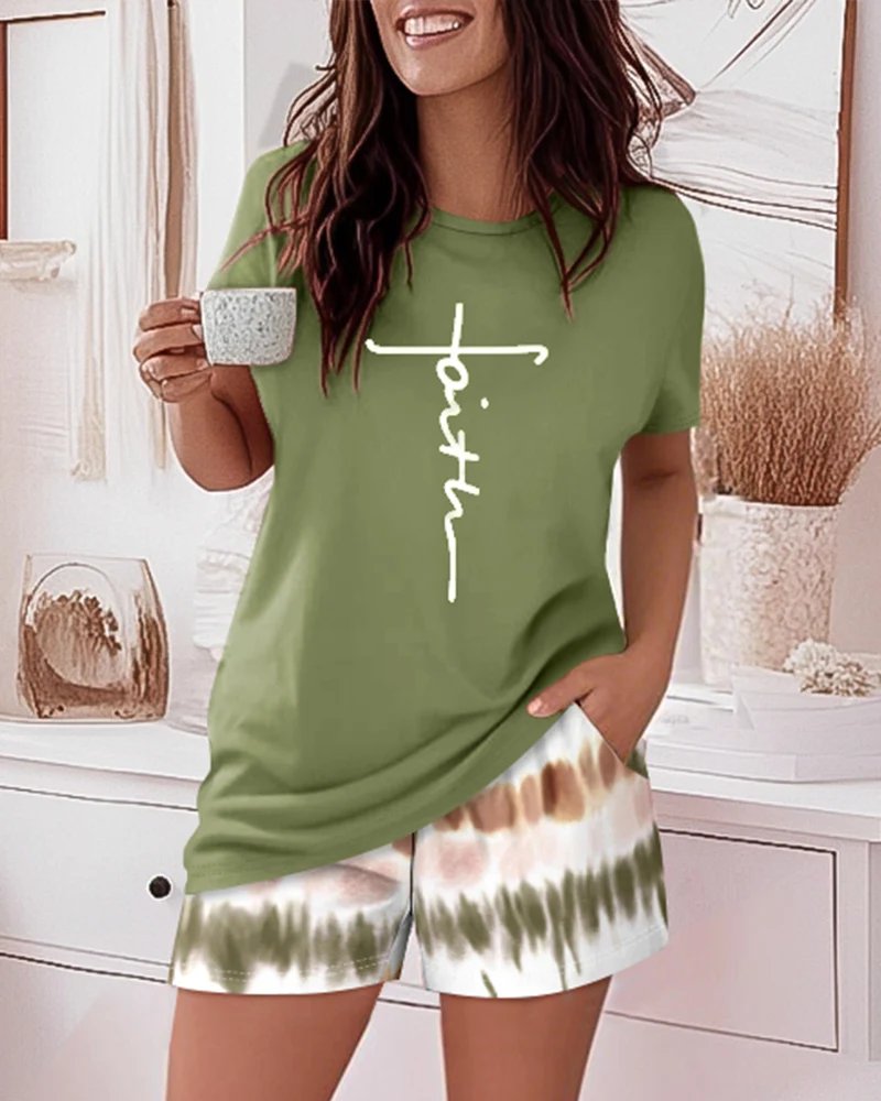 2 Pieces Outfit Graphic Pattern Short Sleeve Top and Casual Tie Dye Print Pants Set