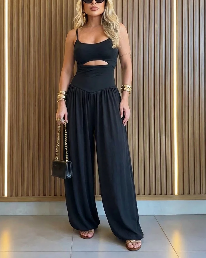 CHICME Women's Cut-out Waist Cami Jumpsuit Backless Tie-Back Lantern Romper Ruched High Waist Summer Jumpsuit